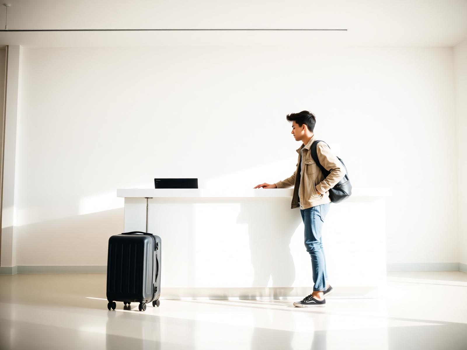 Traveller handing a suitcase to a hotel reception desk